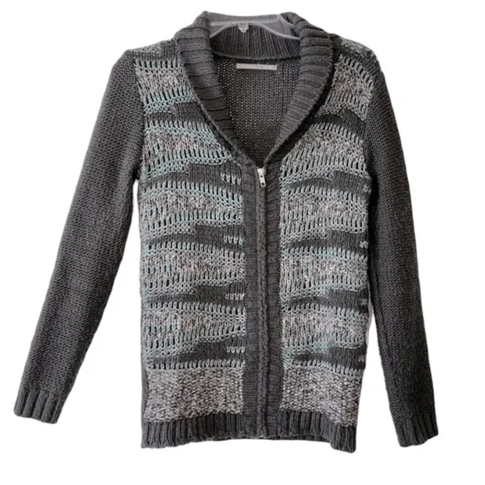 Rubbish | Gray Turquoise Wool Blend Shawl Collar Zip Up Crochet Sweater, Small